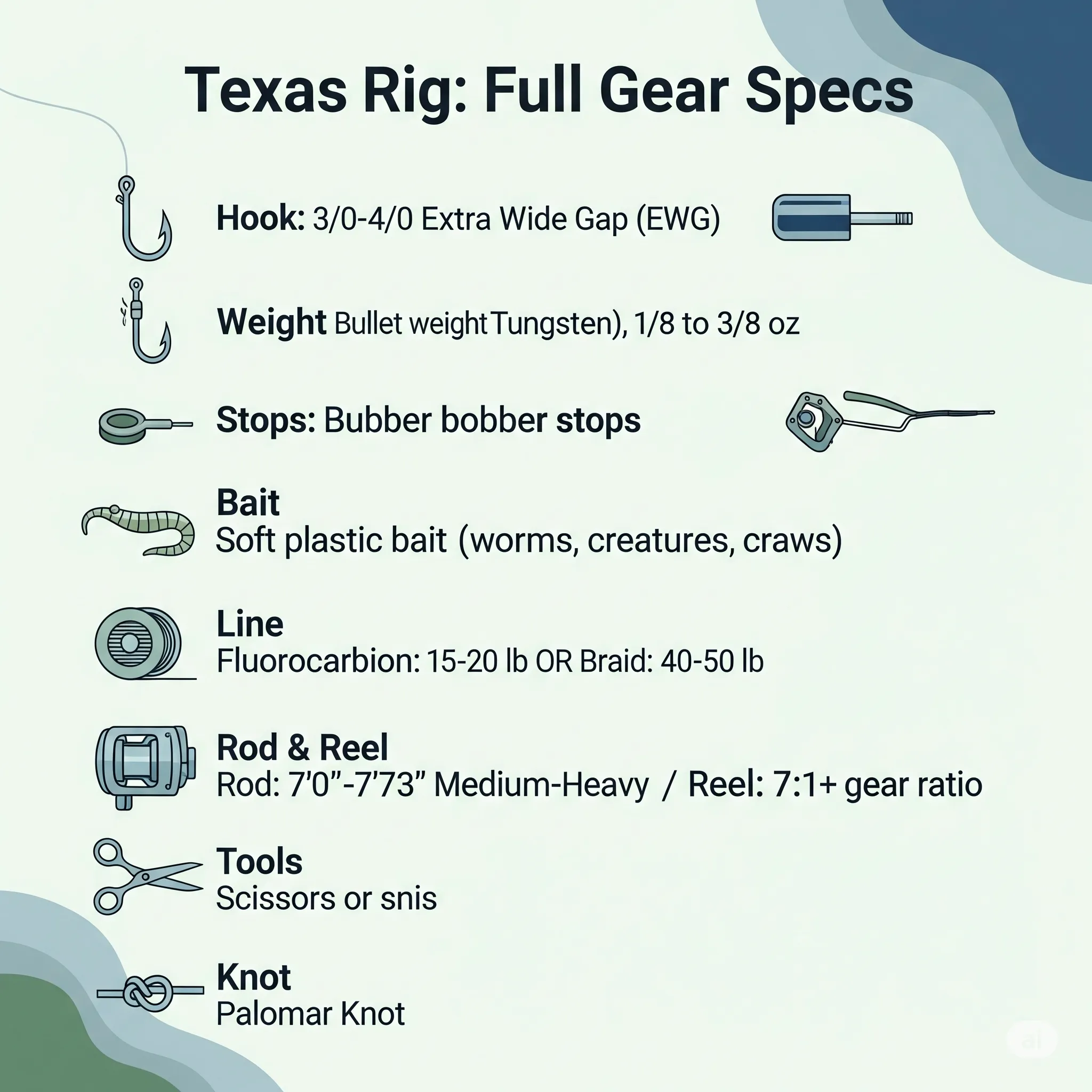 A graphic checklist showing all the essential gear components for rigging texas rig for basws fishing
