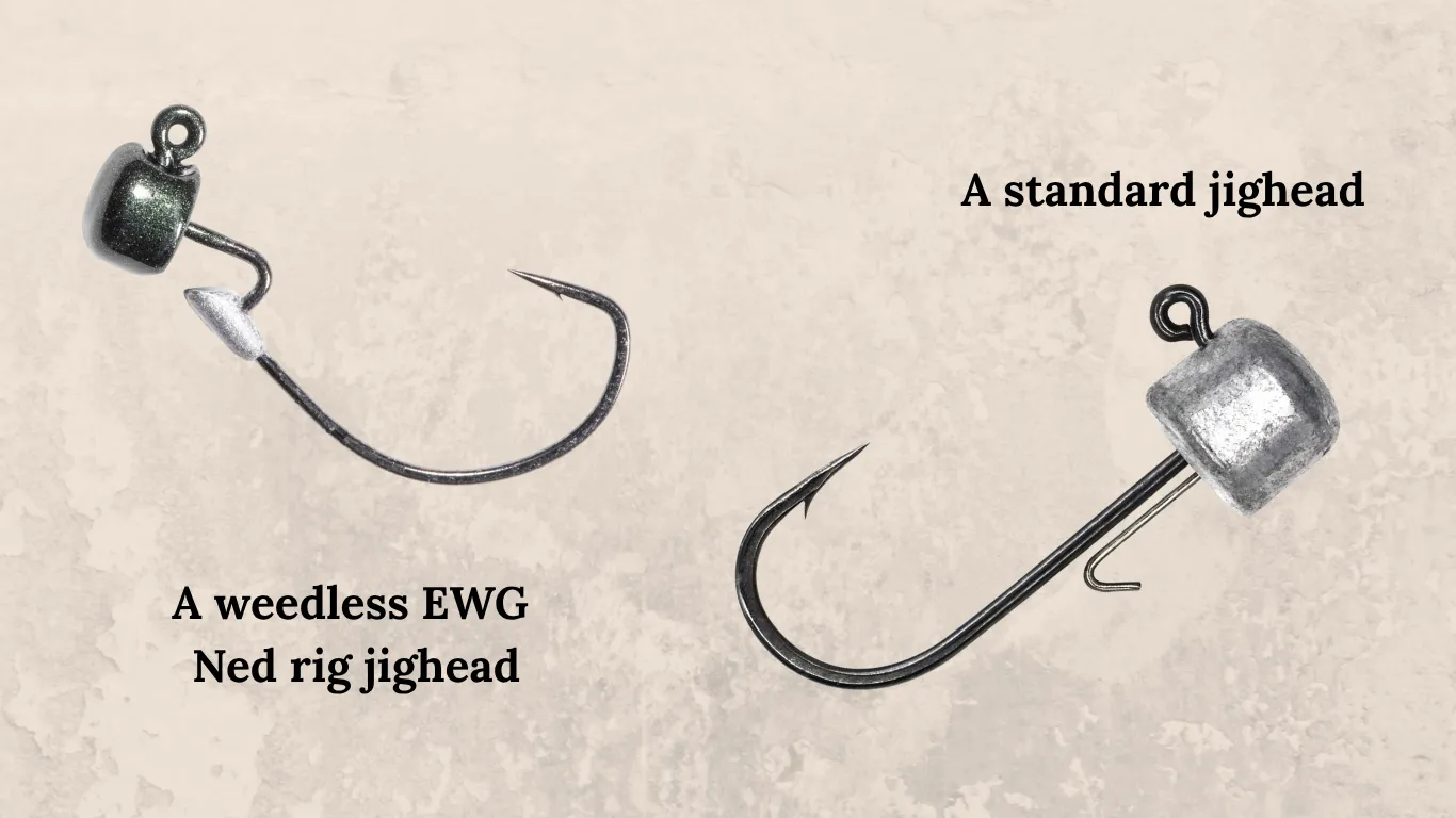 A side-by-side comparison of a standard jighead and a weedless EWG Ned rig jighead.
